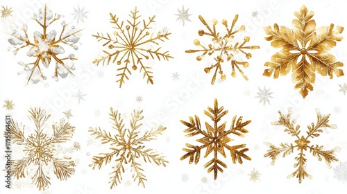 Golden snowflakes on white background with intricate patterns