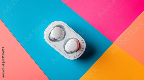 Close up white tws true wireless stereo earbuds and case isolated on colourful background true wireless earphones photo