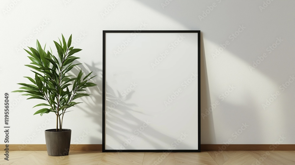 minimalistic poster frame mockup, leaning against a white wall, with a wooden floor minimalistic poster frame mockup, leaning against a white wall, with a wooden floor