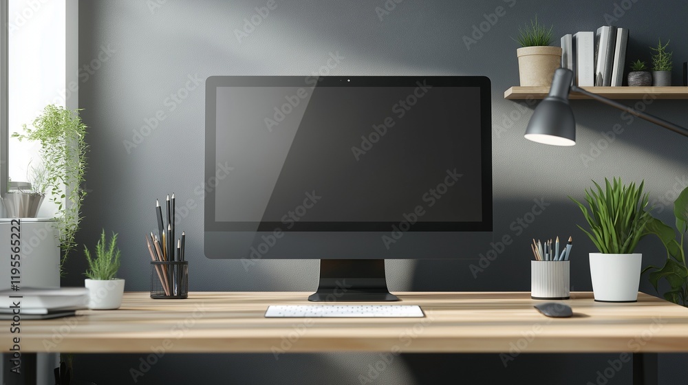 clean desktop computer screen mockup, shown front-facing, on a minimalist desk clean desktop computer screen mockup, shown front-facing, on a minimalist desk