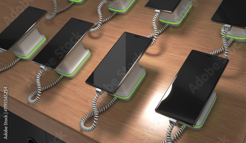 Fototapeta Naklejka Na Ścianę i Meble -  Wooden mobile phone retail display table with anti-theft mobile phone holders. 3d illustration