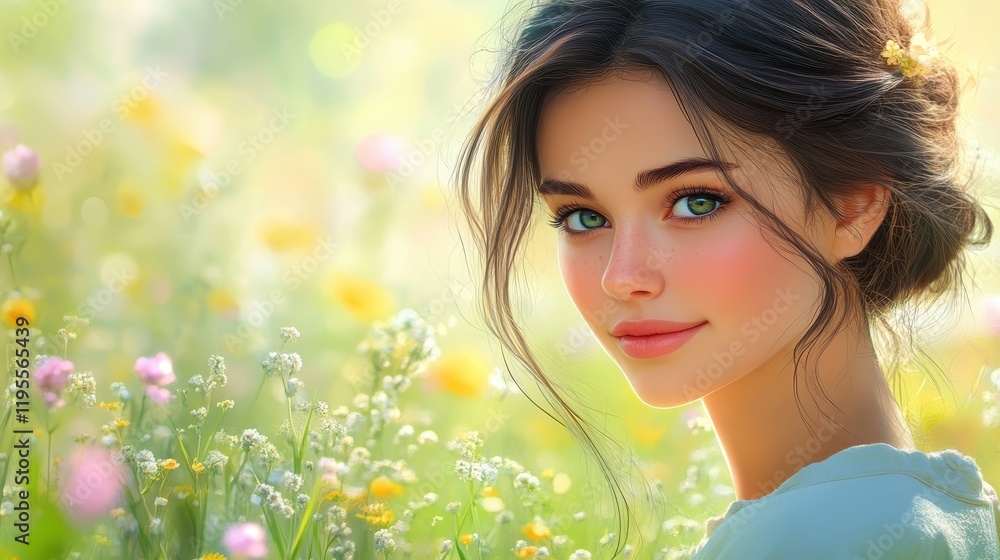 Young woman with bright eyes in a floral meadow Young woman with bright eyes in a floral meadow
