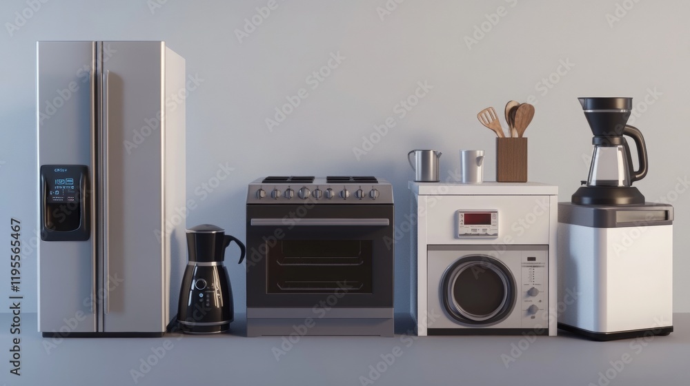 Fototapeta premium A kitchen interior with an emphasis on appliances: gas stove and refrigerator.