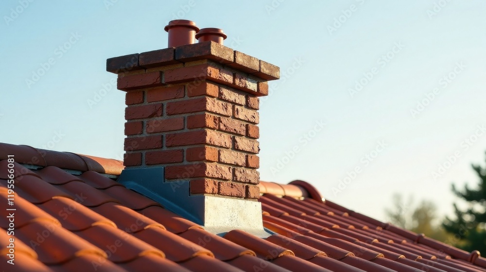 Naklejka premium A newly constructed brick chimney proudly stands atop a terracotta tiled roof under a serene, clear sky