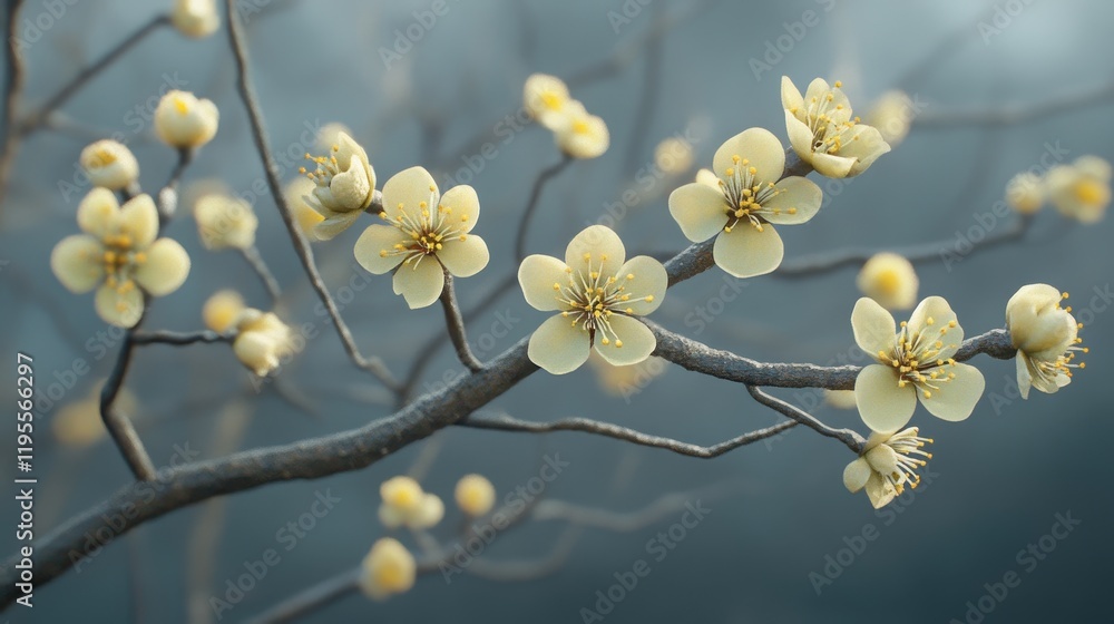 Delicate yellow blossoms on tree branches in tranquil nature scene Delicate yellow blossoms on tree branches in tranquil nature scene