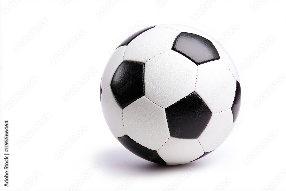 Classic black and white soccer ball resting on a clean white surface Classic black and white soccer ball resting on a clean white surface