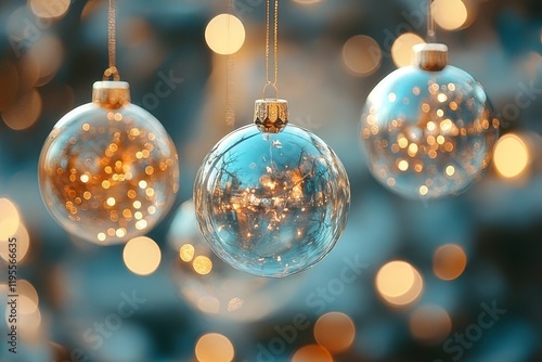 Beautifully crafted glass ornaments hanging against a backdrop of soft golden lights during the holiday season photo