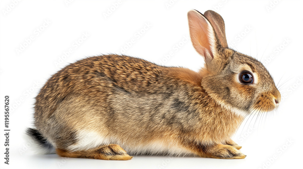 Fototapeta premium Brown rabbit sitting against a white background