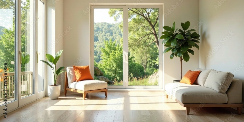 Fototapeta premium Sunlit Living Room with Modern Furniture and Lush Greenery Viewed Through Expansive Windows