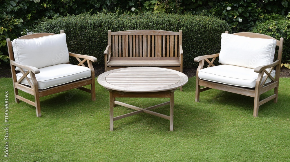 Elegant Teak Garden Furniture Set with Cushions on Grass Elegant Teak Garden Furniture Set with Cushions on Grass