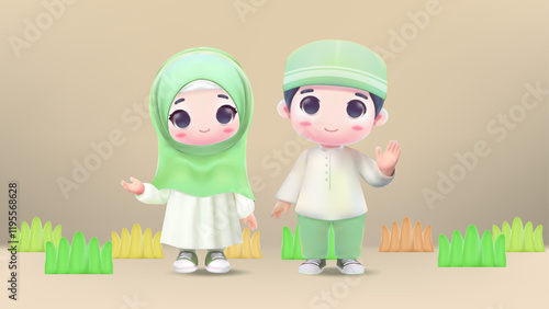 3D illustration of cute boy and girl characters wearing modest and covered religious traditional clothes.