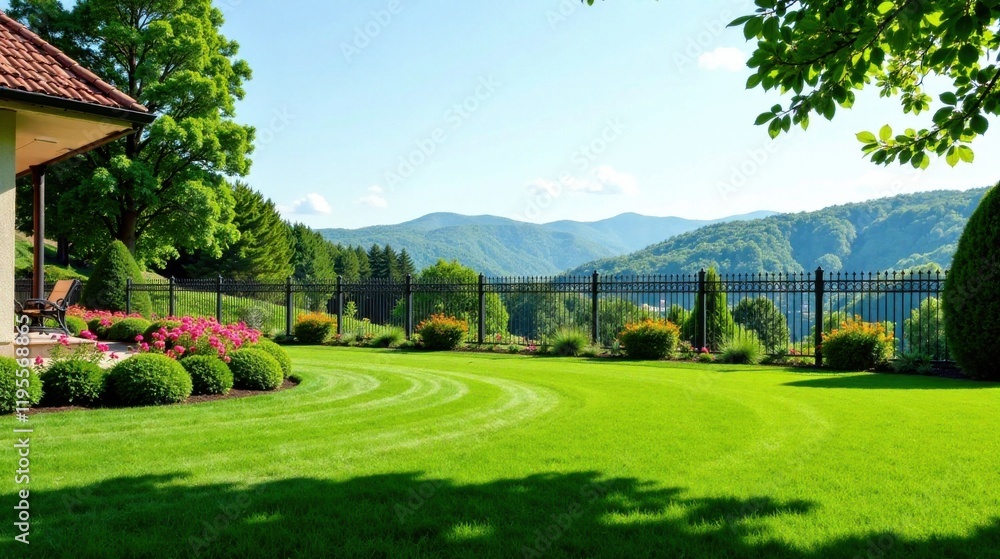 Naklejka premium Serene Landscape Featuring a Lush Green Lawn, Ornamental Shrubs, and a Black Wrought Iron Fence, All Backdropped by a Mountain Range on a Sunny Day
