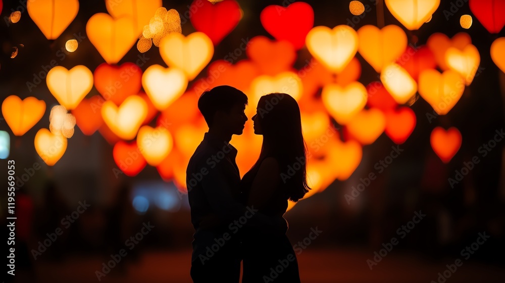 Couple in love against heart-shaped lights. Couple in love against heart-shaped lights.