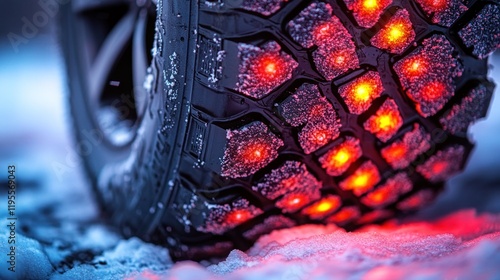 Illuminated tire treads in snow. photo