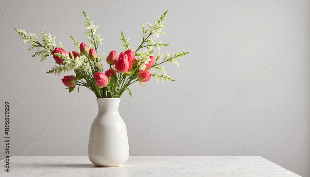 Red tulips in white vase on marble table with soft light Red tulips in white vase on marble table with soft light