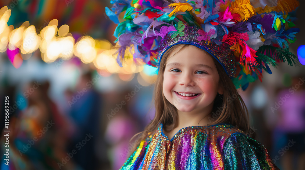 Fototapeta premium Caucasian little girl in Mardi Gras costume enjoying the festivities, copy space