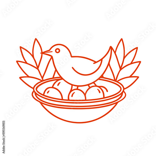 Bird sitting on a nest with eggs, minimalistic red line design