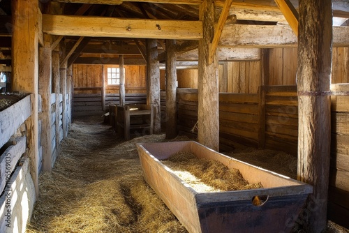 A barnyard with wooden fences and a rustic feed trough. photo