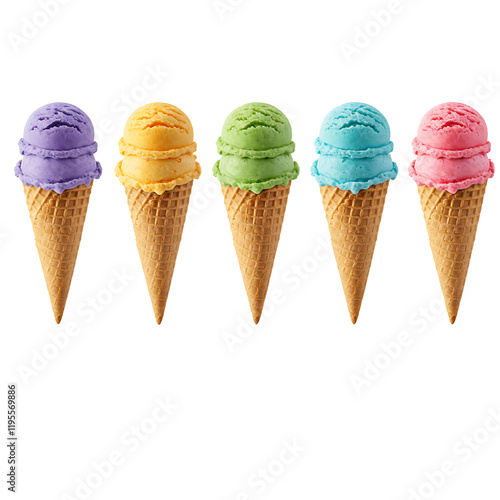 Vibrant Multi-Color Ice Cream Cones Isolated on Transparent Background photo