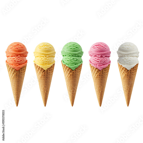 Vibrant Multi-Color Ice Cream Cones Isolated on Transparent Background photo