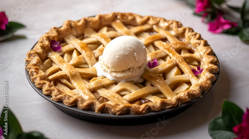 Warm apple pie with a golden lattice crust topped with a scoop of vanilla ice cream surrounded by garnishes. photo