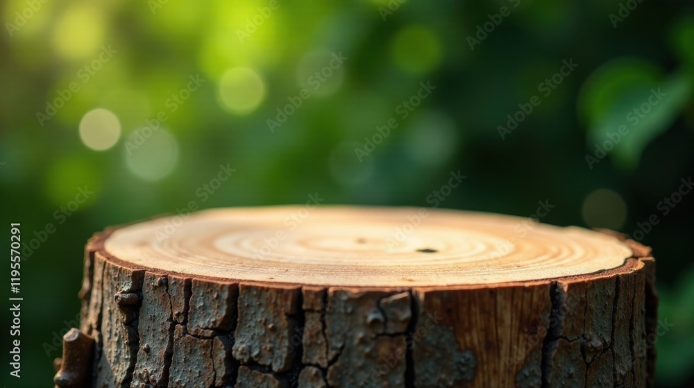 A sunlit tree stump, a rustic, natural surface, perfect for showcasing products in a serene outdoor setting A sunlit tree stump, a rustic, natural surface, perfect for showcasing products in a serene outdoor setting