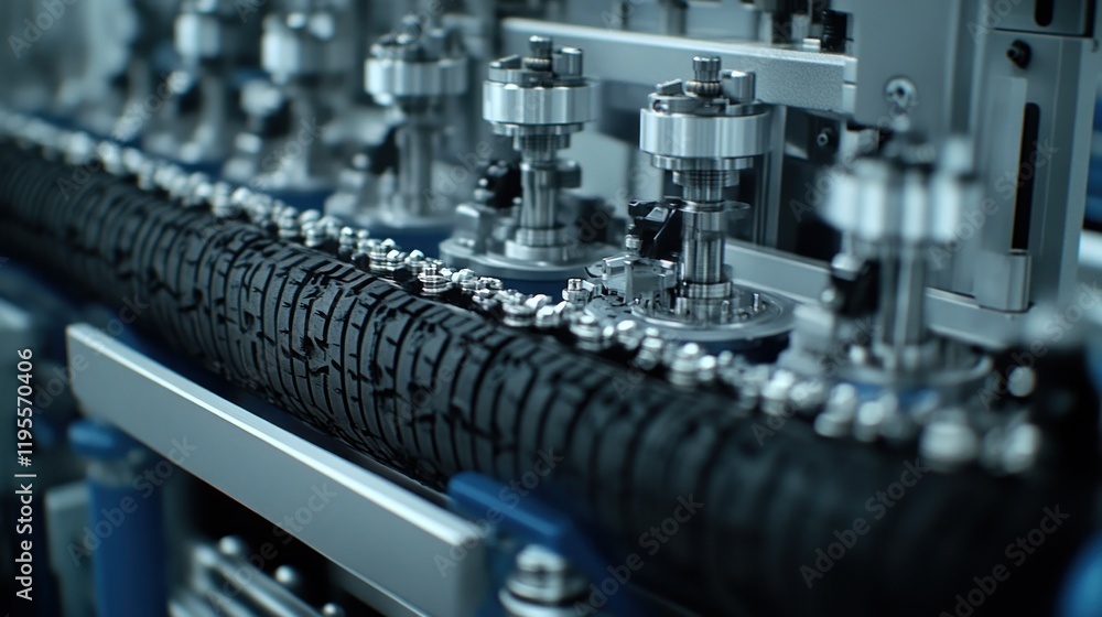 Industrial tire production line with automated machinery. Industrial tire production line with automated machinery.