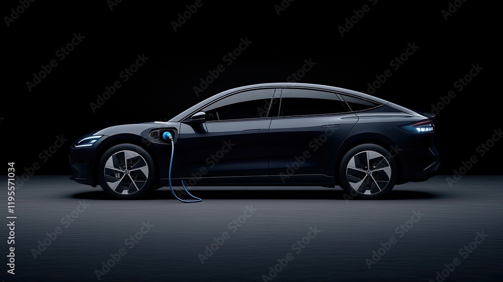 Close-up of an advanced electric car charging station featuring a holographic display and blue light against a dark backdrop Close-up of an advanced electric car charging station featuring a holographic display and blue light against a dark backdrop