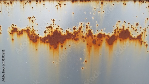 Metal surface with corrosion, rust patches, small holes, flaky texture, and pitting due to prolonged exposure to moisture and harsh conditions.
 photo