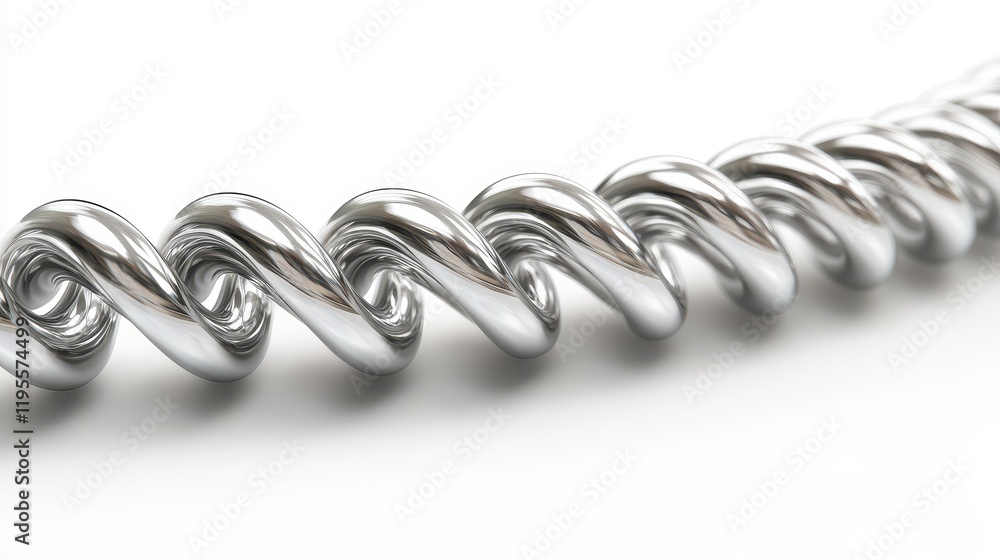 Shiny metallic helix cable on white background with twisted spiral design Shiny metallic helix cable on white background with twisted spiral design
