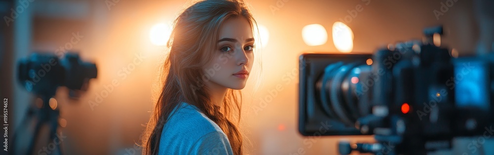 A filmmaker behind the camera working on a project, perfect for showcasing creative and production-related concepts.