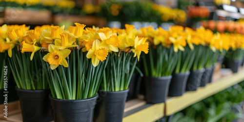 Rows of bright yellow daffodils in black pots, neatly arranged in a flower shop display, radiating a vibrant and cheerful springtime ambiance.
 photo