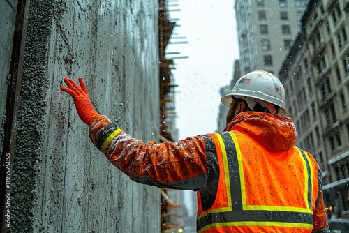 Male construction worker in an orange safety vest braving snow flurries on the job. photo