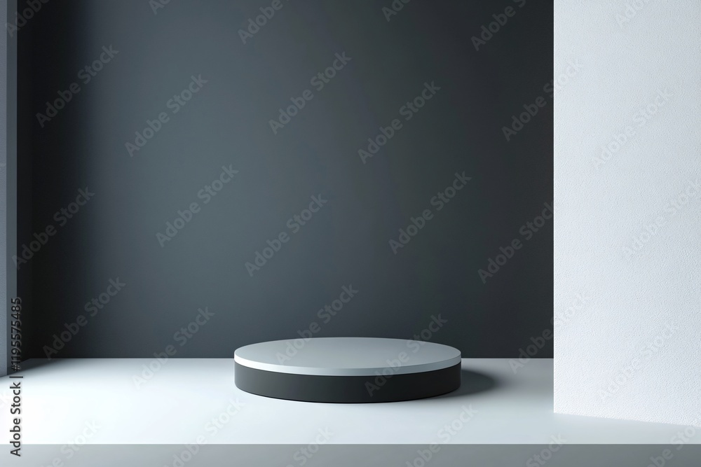 Black and white minimalist cylinder podium on empty room presenting new product Black and white minimalist cylinder podium on empty room presenting new product
