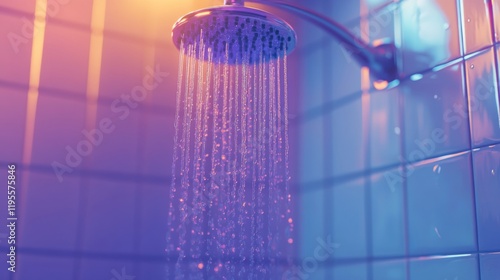 Water flowing from shower in spacious shower room, cleanliness and comfort.