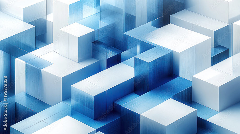 an abstract composition consisting of many cubic forms arranged in three-dimensional space. 