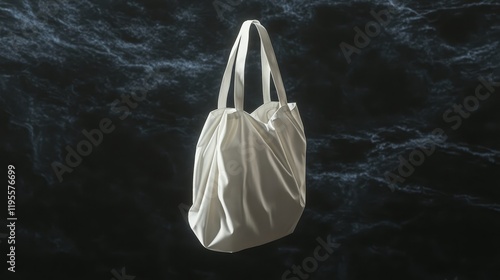 Floating off-white fabric tote bag against dark blue marble background. photo