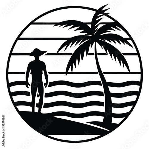 A summer holiday silhouette on retro stipe background.