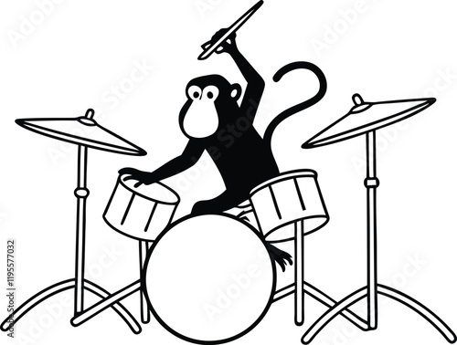 Monkey playing Drum Kit silhouette vector art, Monkey playing Drum Kit line art vector illustration, Monkey playing Drum Kit vector design photo