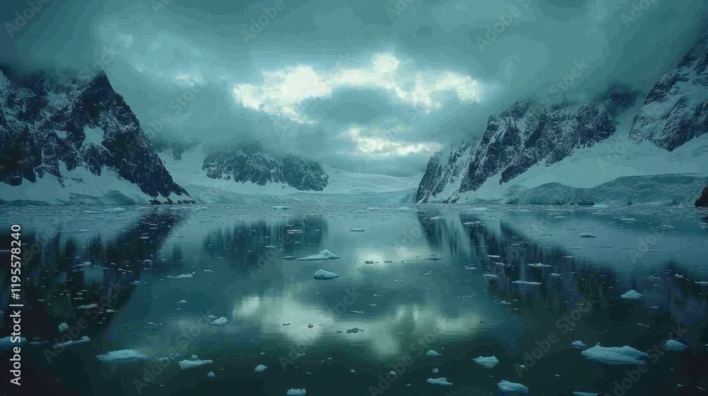 Fototapeta premium Majestic Antarctic fjord reflecting snowy mountains and icebergs.