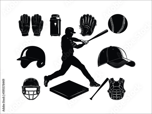 Baseball Equipment Silhouettes | Sports Gear Icon Set
