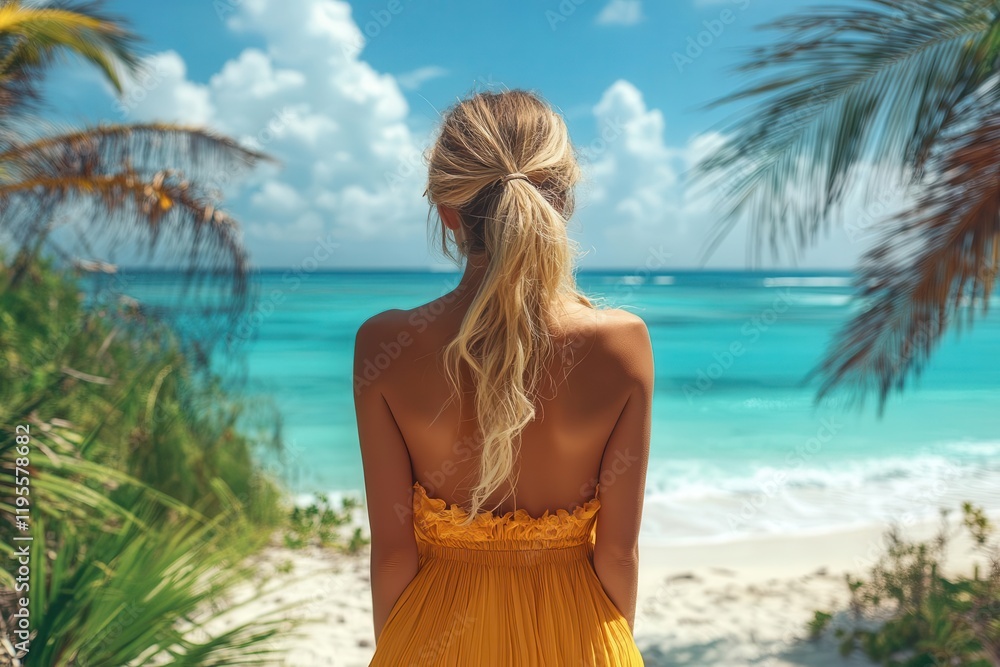 young woman in a vibrant sunflower dress stands on a pristine beach gazing at the endless azure ocean palm trees swaying gently in the breeze serene escape young woman in a vibrant sunflower dress stands on a pristine beach gazing at the endless azure ocean palm trees swaying gently in the breeze serene escape