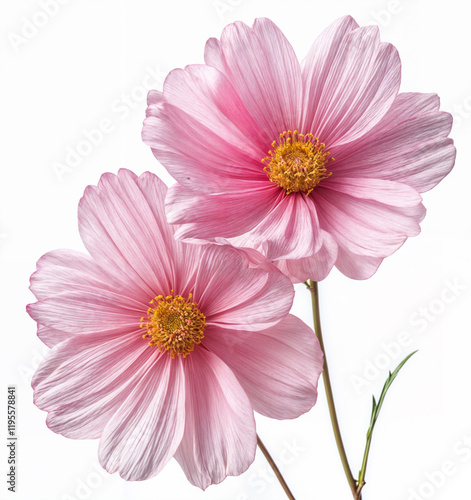 a close-up of  beautiful pink cosmos flowers. Each flower displays delicate petals with fine veins, radiating outward from a vibrant yellow center in white background