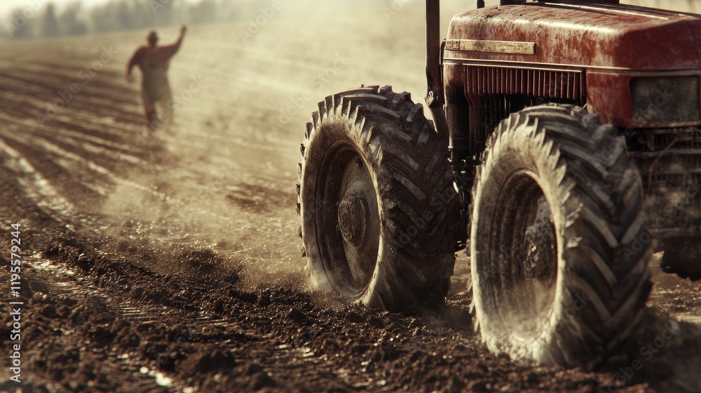 A close-up of an old, weathered tractor plowing a field. The soil is rich and dark, freshly turned, with rows stretching into the distance. Dust rises subtly behind the tractor, A close-up of an old, weathered tractor plowing a field. The soil is rich and dark, freshly turned, with rows stretching into the distance. Dust rises subtly behind the tractor,