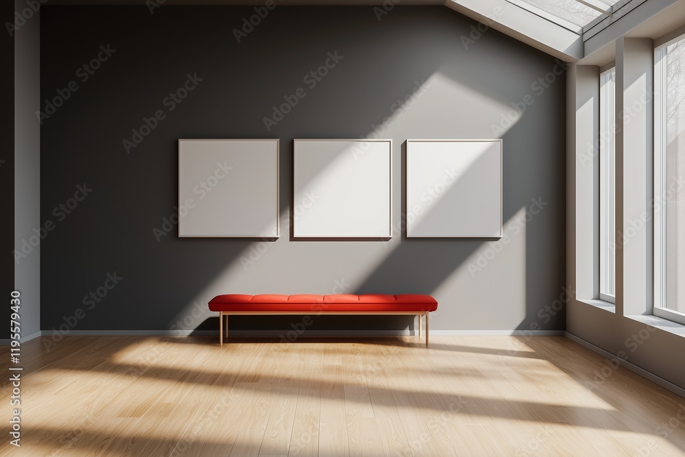 Fototapeta premium White frames in a gallery with gray walls and a red bench.