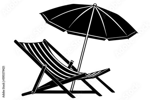 Beach Chair and Umbrella Silhouette on White Background