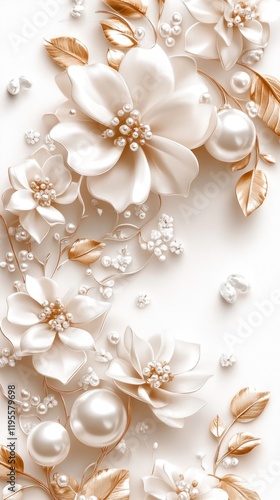 Elegant white flowers, pearls, gold leaves, wedding invitation, romantic background