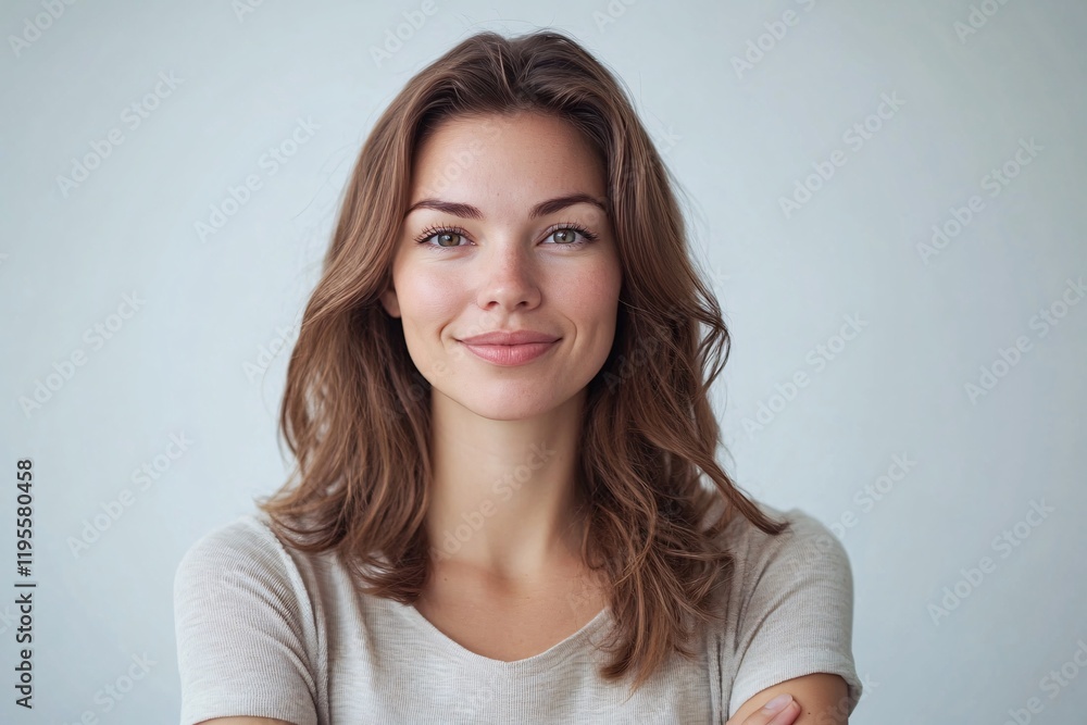 Portrait of smiling young woman with brown hair on light background Portrait of smiling young woman with brown hair on light background
