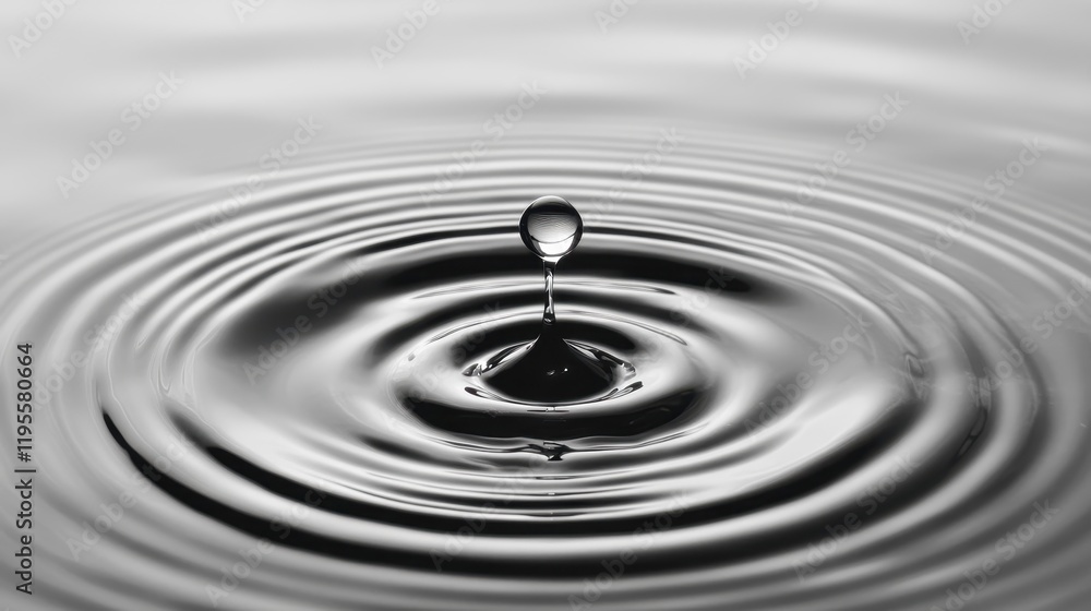 Single water droplet creating ripple on calm surface in black and white Single water droplet creating ripple on calm surface in black and white
