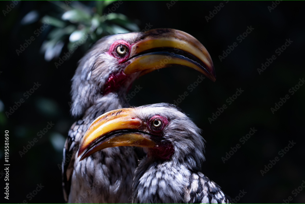 Obraz premium A stunning pair of hornbills is elegantly showcasing their vibrant and colorful plumage in a lush natural setting